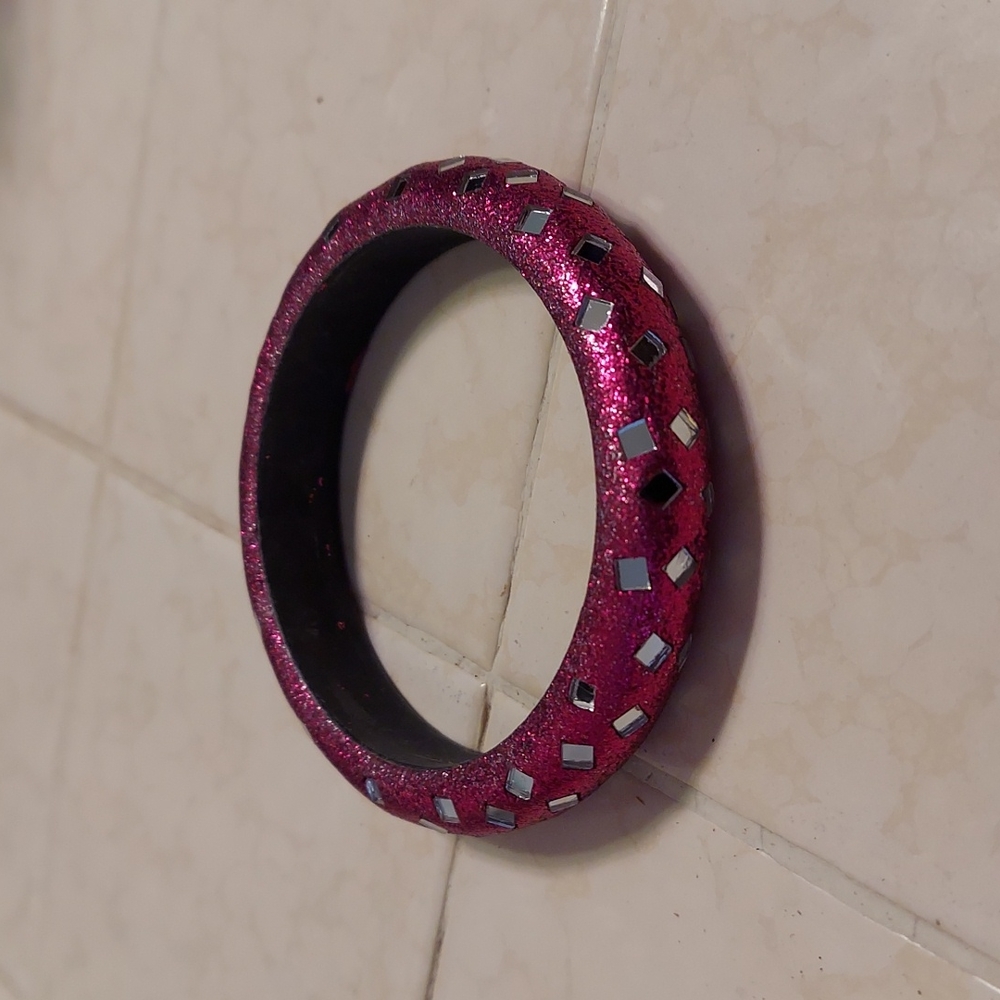 🤍 Vintage Hot Pink & Mirror Squares Bangle Bracelet